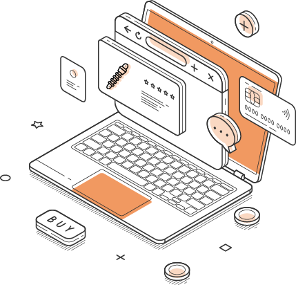 A computer with a keyboard and a credit card
