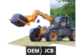 Traktorbild, das darauf hinweist, dass Originalersatzteile für Maschinen von Ford/New Holland, John Deere und Case IH erhältlich sind. 